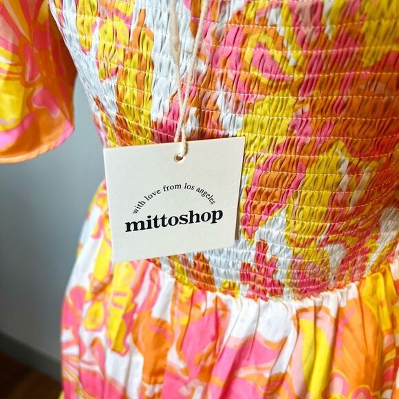 MittoShop Floral Smocked Dress Large Pink Yellow Boho Mini/Knee Length NWT - Picture 8 of 10